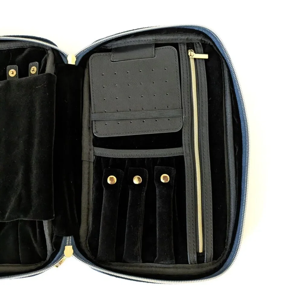 Quilted Navy Blue Travel Jewelry Organizer Case Zip Pouch Padded Storage Bag - Picture 8 of 12